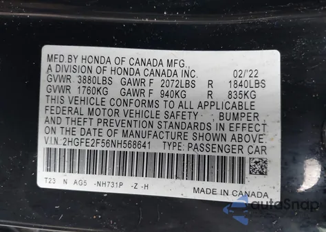 2022 Honda Civic Sport из США, поврежденный, VIN 2HGFE2F56NH568641